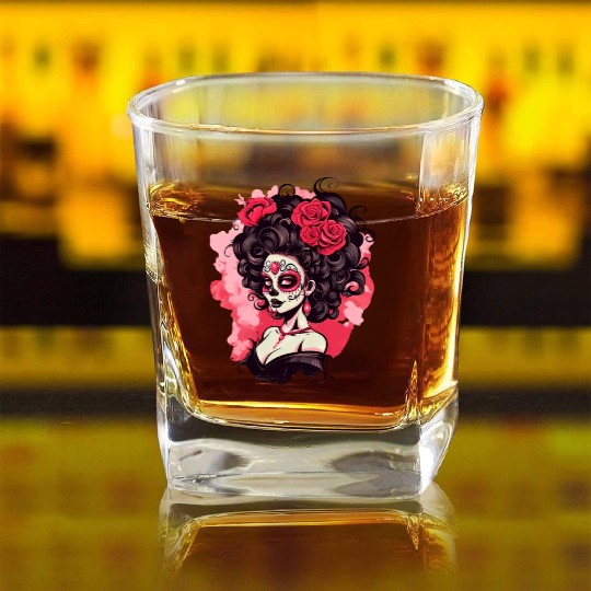 Dia de los muertos woman sugar skull with flowers Square Whiskey Glasses