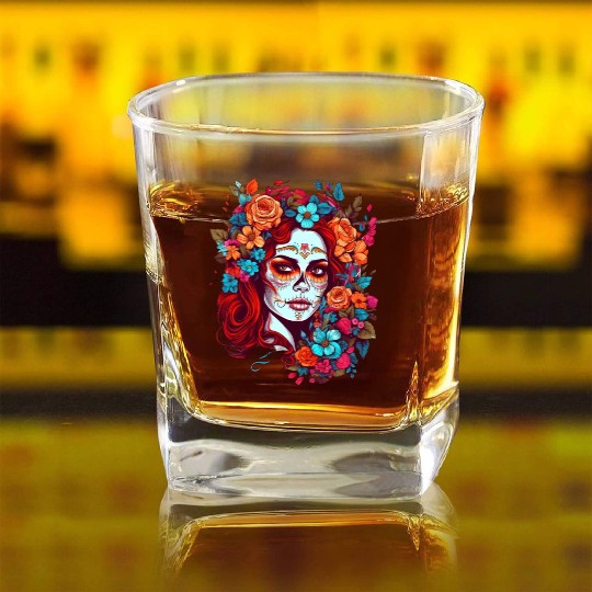 Dia de los muertos woman sugar skull with flowers Square Whiskey Glasses