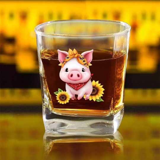 Pig with Bandana and Sunflower, Charming Farm Square Whiskey Glasses