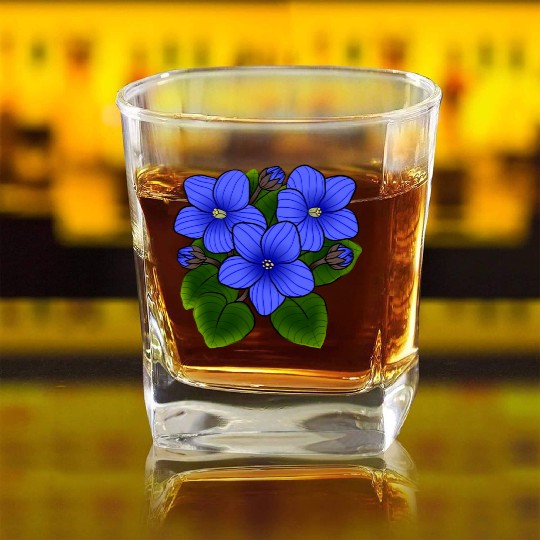 Blue African Violets In Black Square Whiskey Glasses