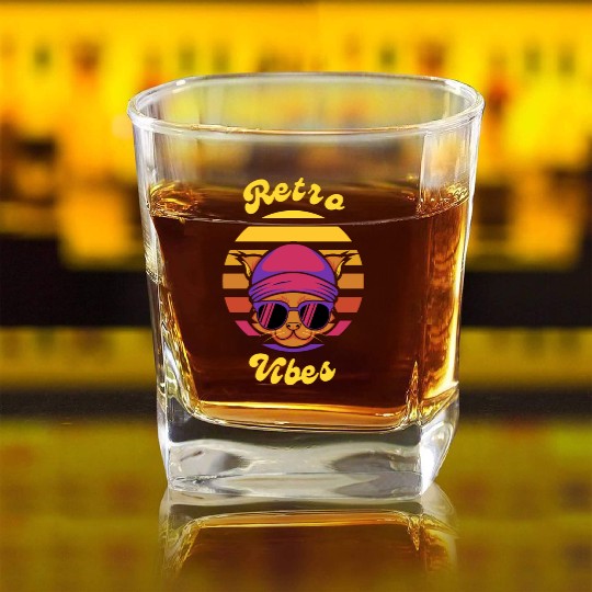 Black Coloful Sunset Cat Retro Vibes T-shit. Square Whiskey Glasses