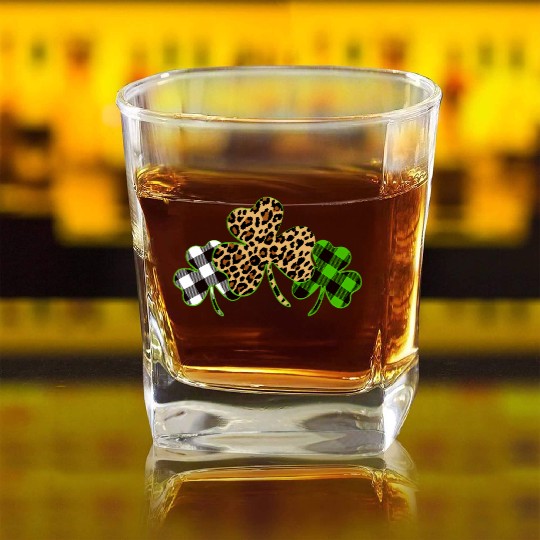 St Patricks Day Leopard Print Plaid Shamrock Square Whiskey Glasses