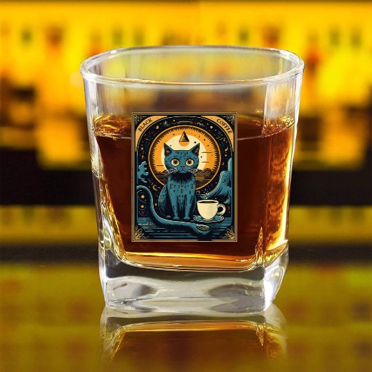 Black Coffee Cat Tarot Card Occult Square Whiskey Glasses