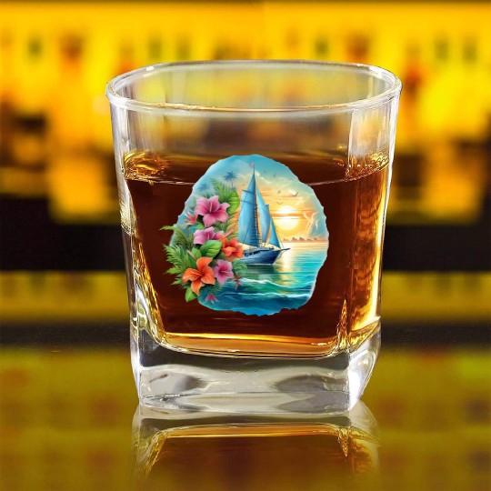 Sailing Ship Sailing Orchids Flowers Sailboat Square Whiskey Glasses