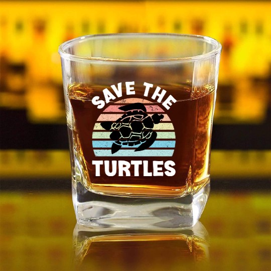Save The Turtles Sea Turtle Retro Sunset Square Whiskey Glasses