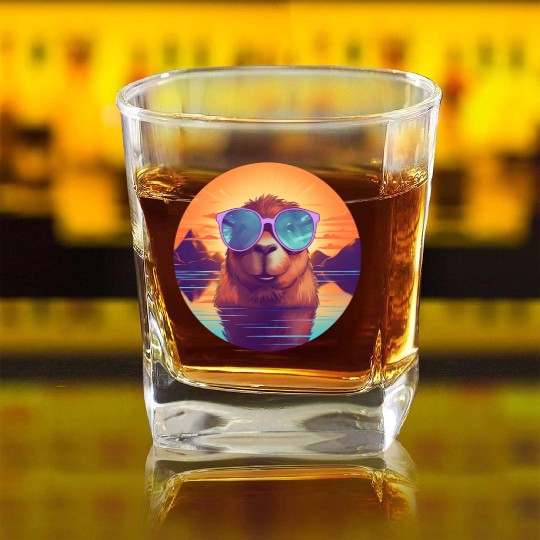 Sunset Serenity: Rustic Capybara Stripe Illustrate Square Whiskey Glasses