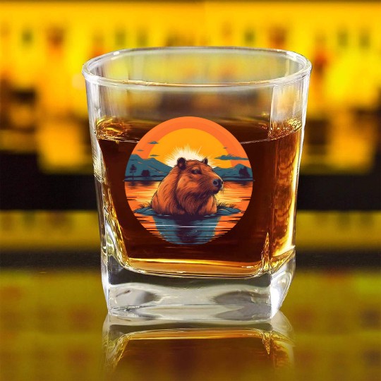 Sunset Serenity: Rustic Capybara Stripe Illustrate Square Whiskey Glasses