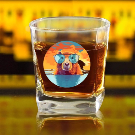 Sunset Serenity: Rustic Capybara Stripe Illustrate Square Whiskey Glasses