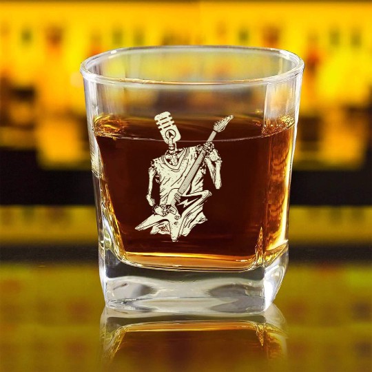 Funny Microphone Skeleton Playing Electric Guitar Square Whiskey Glasses