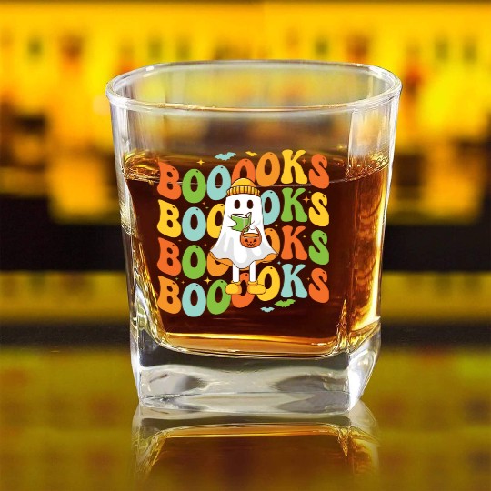 Booooks Cute Ghost Reading A Book Funny Book Lover Square Whiskey Glasses
