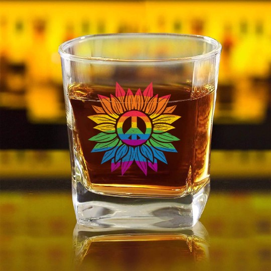 Rainbow Sunflower Love Is Love LGBT Gay Lesbian Square Whiskey Glasses