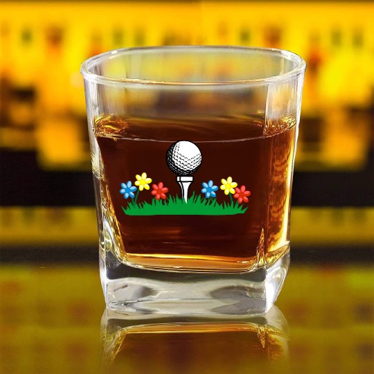 Golf ball on grass field with flowers Square Whiskey Glasses