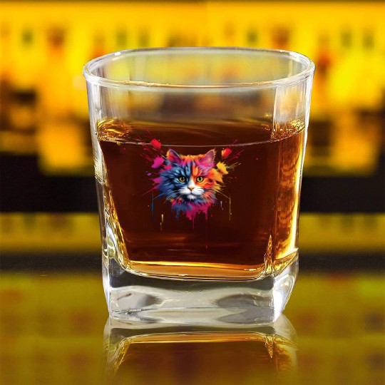 Color Explosion Persian Cat Square Whiskey Glasses