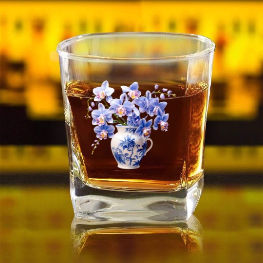 Blue Orchids in a Vase Graphic Square Whiskey Glasses