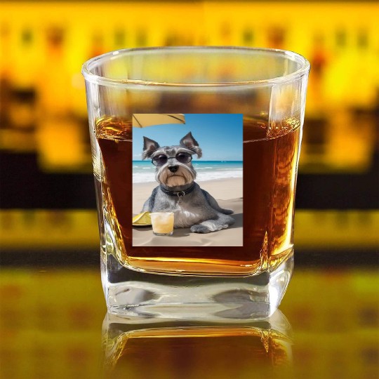 Schnauzer Chilling at Beach with a Drink Square Whiskey Glasses