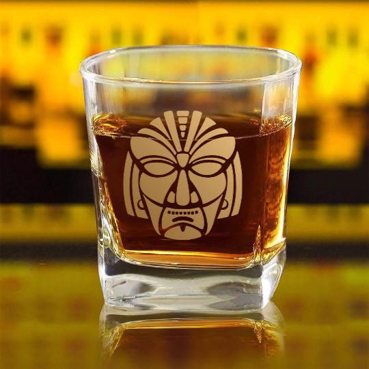 Aztec & Mayan Mask Logo: Minimalist Design Square Whiskey Glasses