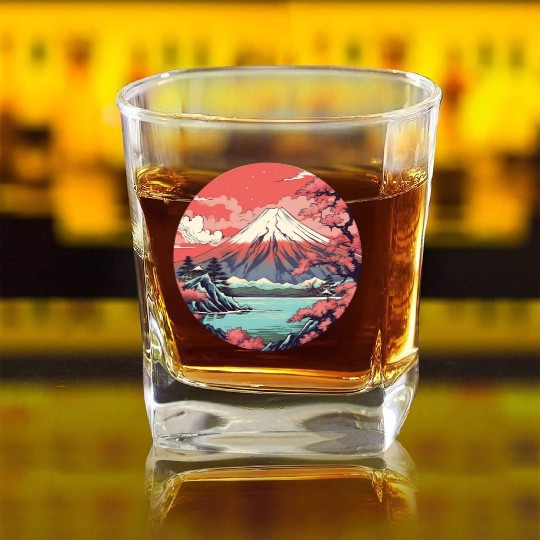 Fuji Sakura Serenity: Japanese Landscape Bliss Square Whiskey Glasses