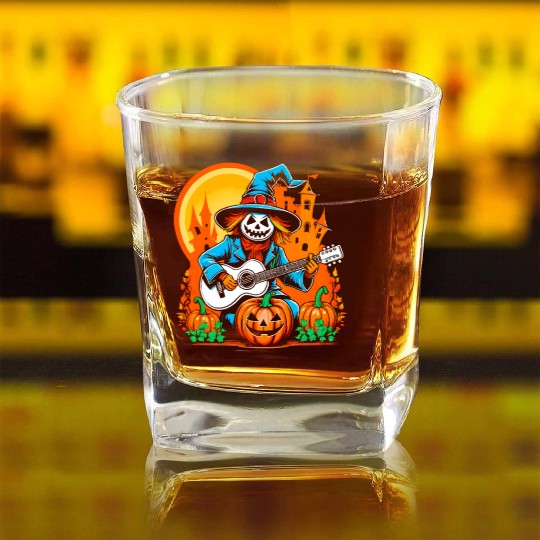 Happy Halloween scarecrow plays guitar Square Whiskey Glasses