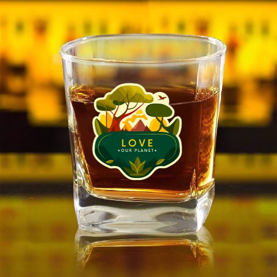 Green Natural Love Our Planet Square Whiskey Glasses