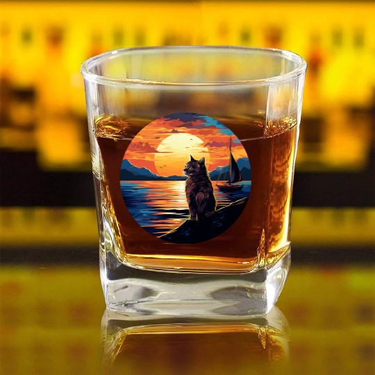 Cat Sailing on a Sailboat at Sunset Square Whiskey Glasses