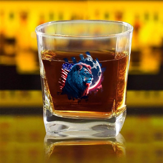 America lion under Moon with American Flag Square Whiskey Glasses