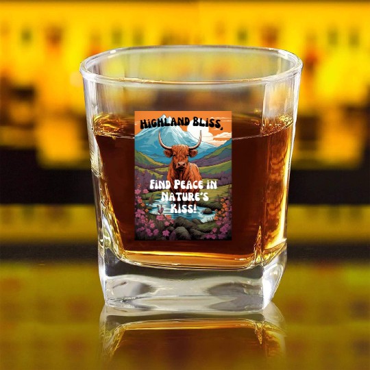 Highland Cow Standing in a cartoon mountain landsc Square Whiskey Glasses