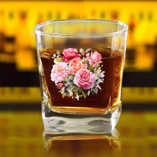 Nature's Artistic Elegance English Rose Tapestry Square Whiskey Glasses