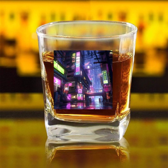 Anime-Influenced Digital Art of Tokyo Street Scene Square Whiskey Glasses