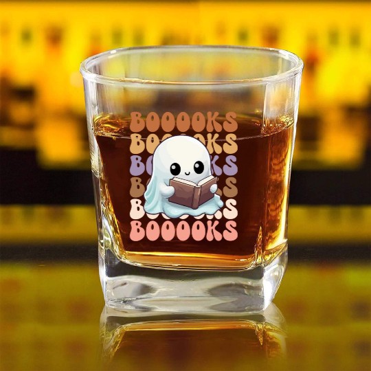 Cute Ghost Reading Books | Booooks | Funny Square Whiskey Glasses