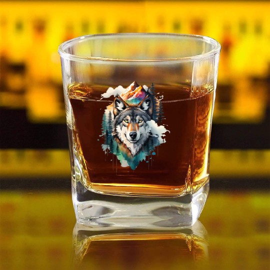 Majestic Mountain Wolf Nature Inspired Artwork Square Whiskey Glasses