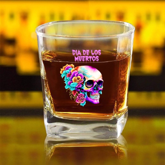 Vintage Dia de los Muertos Art Design Sugar Skull Square Whiskey Glasses
