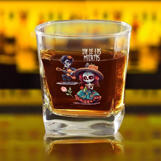 Vintage Mexican Day of the Dead skeleton Art Square Whiskey Glasses