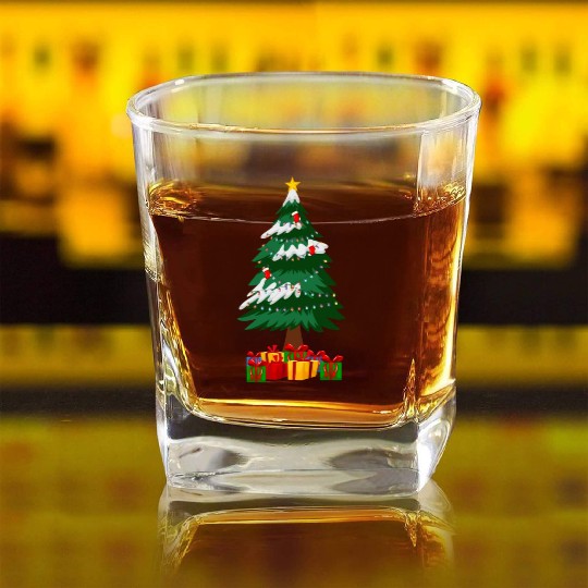 Merry Christmas Tree with Surprise Presents Boxes Square Whiskey Glasses