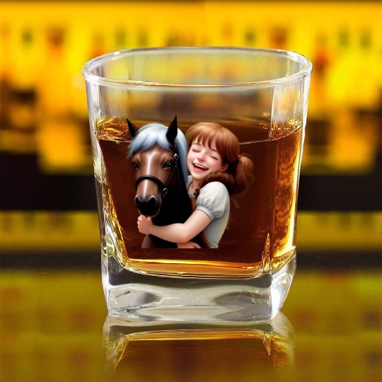 Little Girl Hugs Her Pony Square Whiskey Glasses