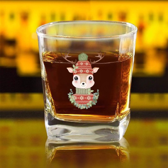 cute deer with sweater and Christmas wreath Square Whiskey Glasses