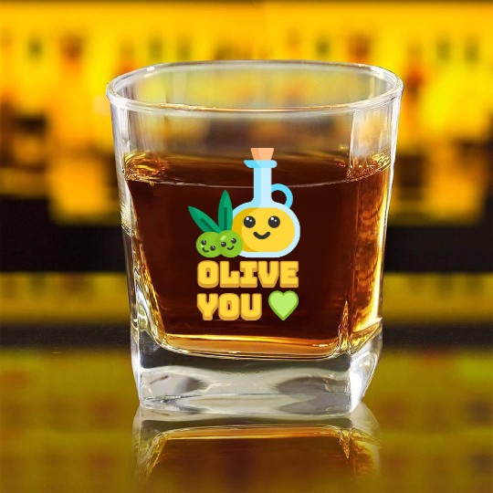 Olive You! Cute Olive I Love You Cartoon Square Whiskey Glasses