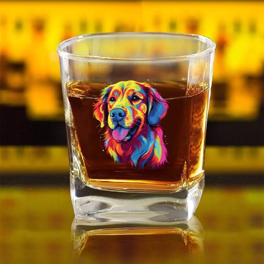 Watercolor Colorful Golden Retriever Square Whiskey Glasses
