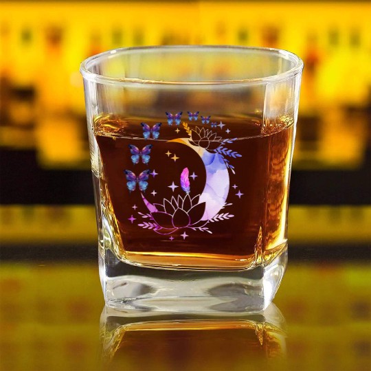 Celestial Serenity Moon, Lotus, Feather, butterfly Square Whiskey Glasses