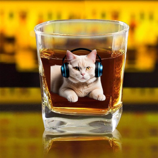 Music Lover Cat V II on Unisex Poly Cotton Square Whiskey Glasses