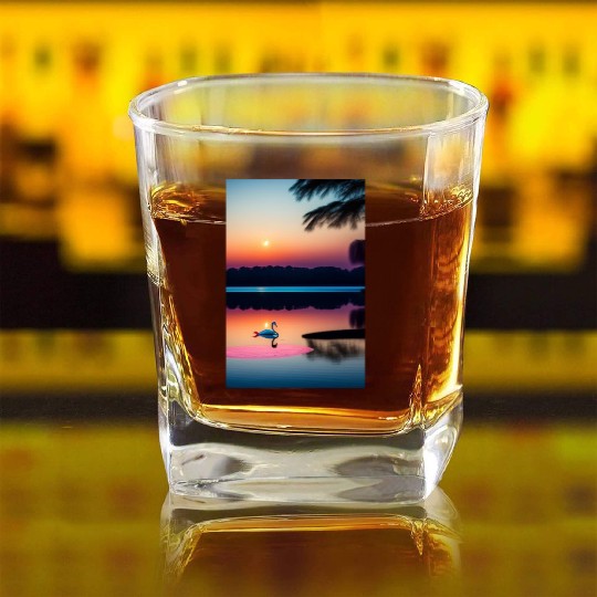 The image is of a serene lake 3 Square Whiskey Glasses