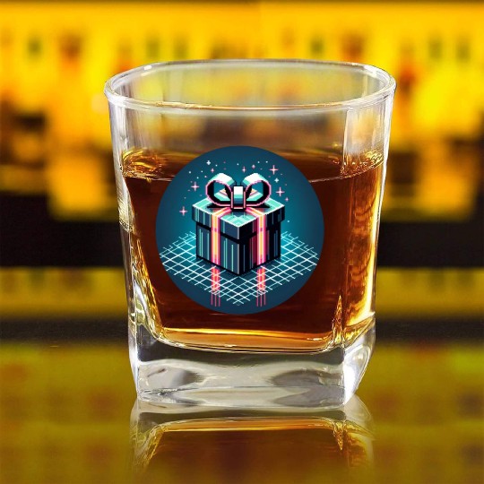 Cyberpunk Pixel Art Gift Box - Neon Ribbons Square Whiskey Glasses