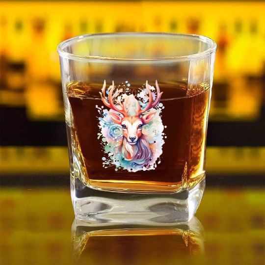 Colorful Reindeer Fantasy: Studio Ghibli Style Square Whiskey Glasses