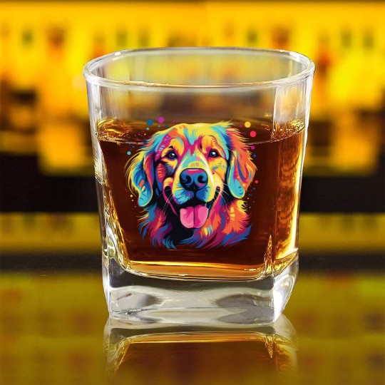 Watercolor Colorful Golden Retriever Square Whiskey Glasses