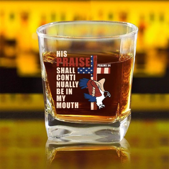 US Flag Eagle Christian Cross Patriotic Bible Vers Square Whiskey Glasses