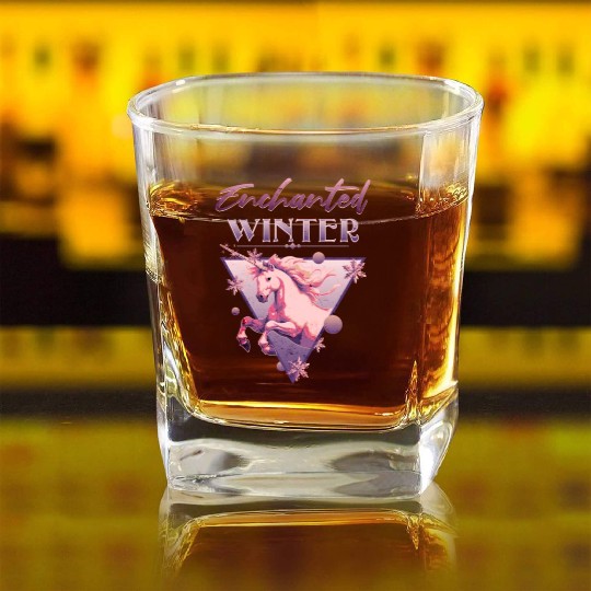 Enchanted Winter 80s Retro Lilac Unicorn Square Whiskey Glasses