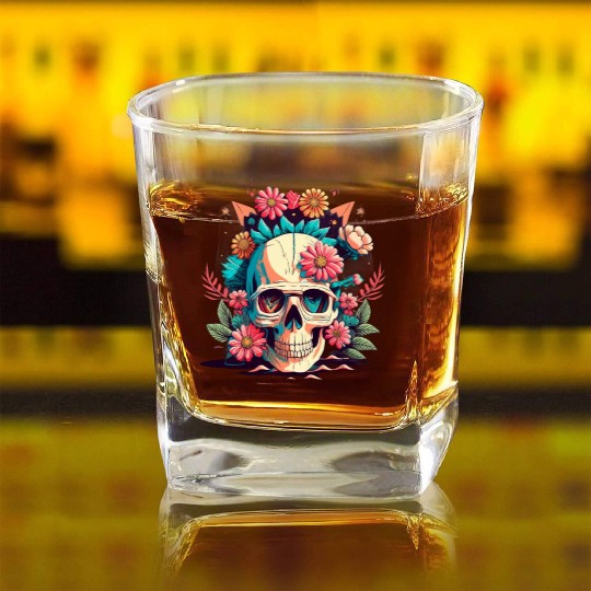 Classic 2d skull with flowers Square Whiskey Glasses
