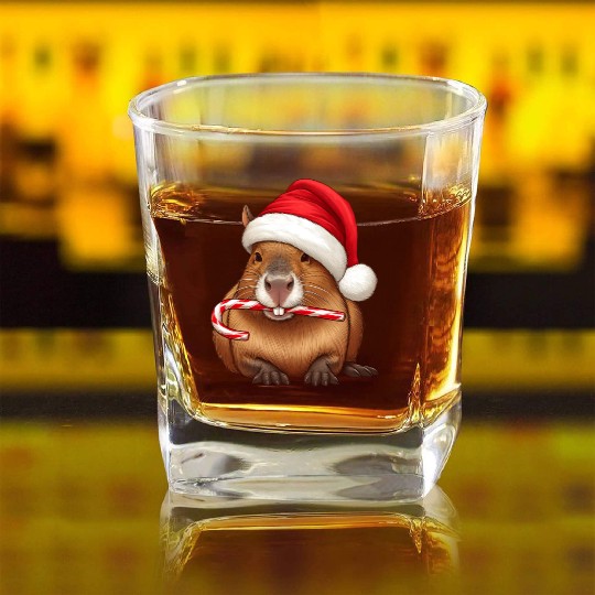 Festive capybara with candy cane Square Whiskey Glasses