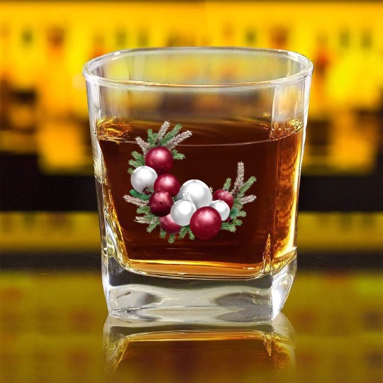 Cranberry and White Christmas Greenery Decor Square Whiskey Glasses