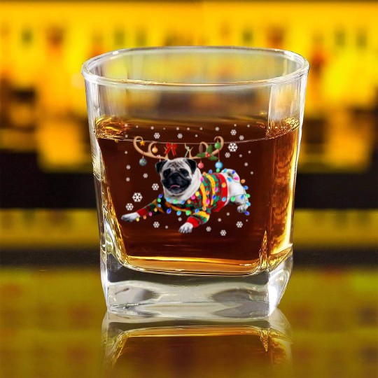 Funny Pug Dog Christmas Reindeer Christmas Lights Square Whiskey Glasses
