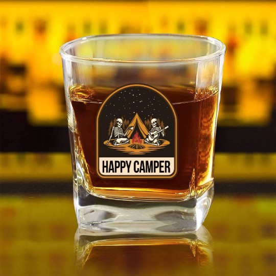 Happy Camper Skeleton Campfire Tent Square Whiskey Glasses